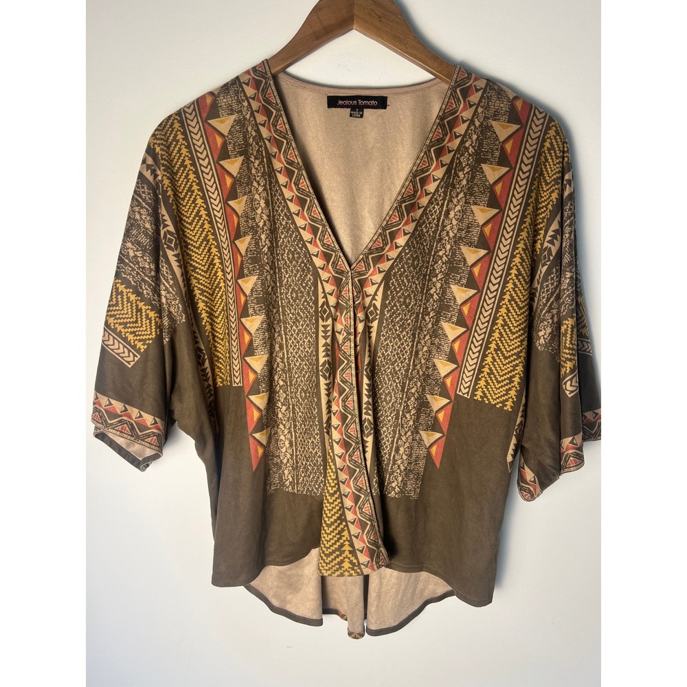 Jealous Tomato V-Neck Top Wm Sm Brown Faux Suede Geometric Southwestern Boho Y2K